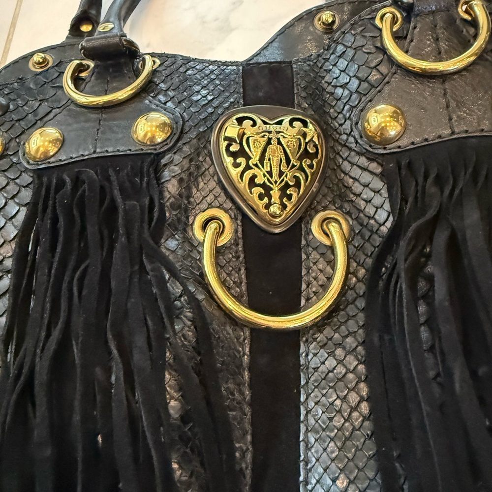 Vintage Gucci Black and Gold Snake-Embossed Shoulder Bag